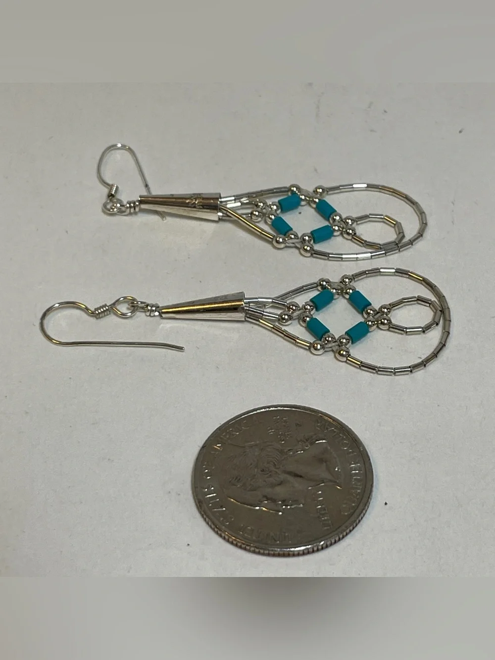VTG Handmade Liquid Silver Heishi Turquoise Beads Dangle Hook Earrings READ